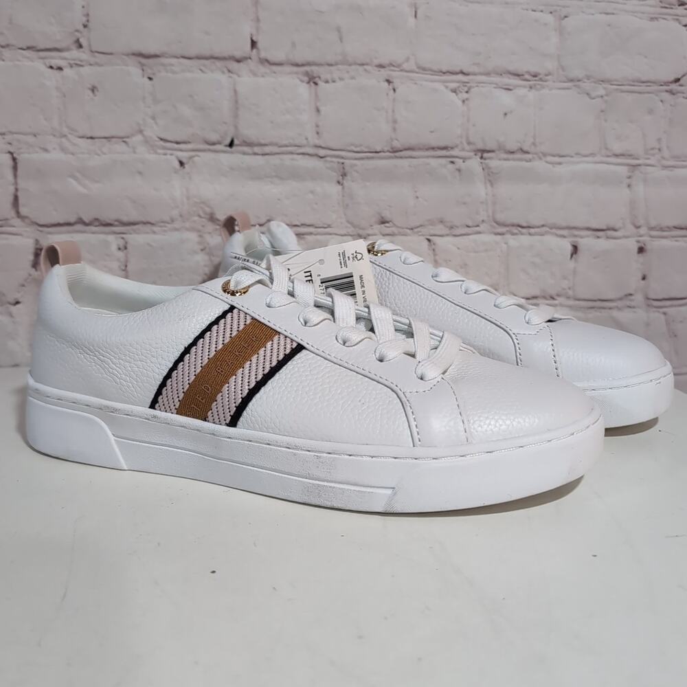 Ted Baker Women's Bailey Sz 8 White Pink Striped Lace Up Low Top Sneakers NWT